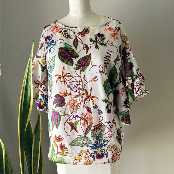 H&M Multi-Colored Flutter Sleeve Blouse with Dragonflies Leaves Flowers  Size 4 - Picture 3 of 8